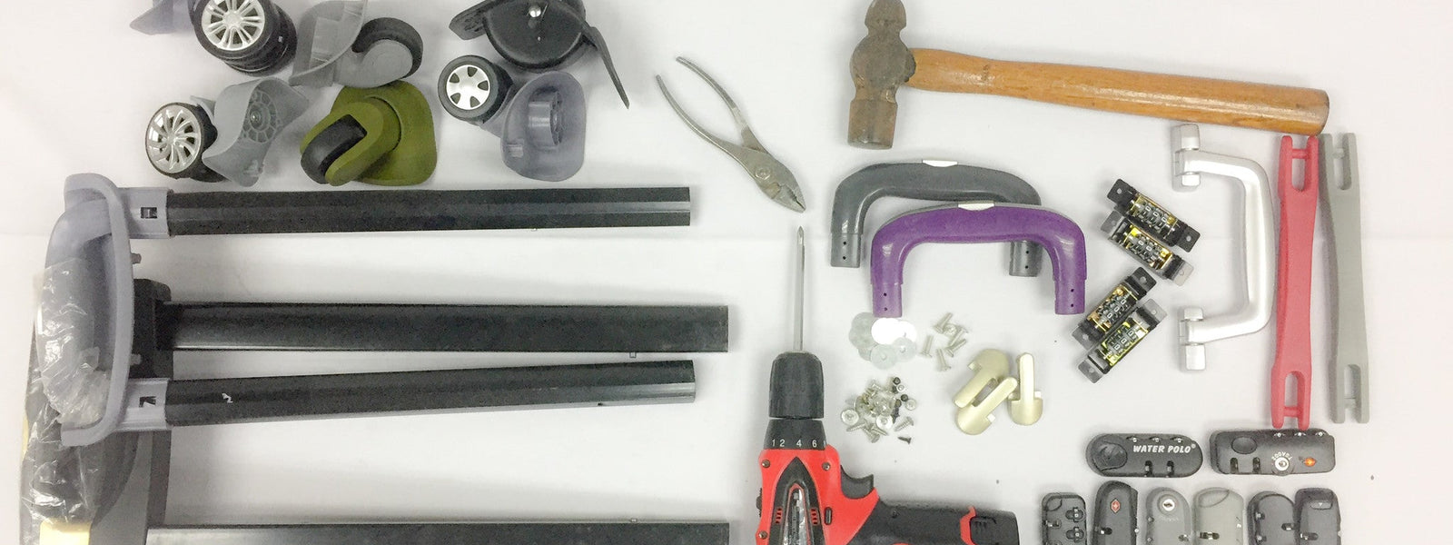 Luggage Wheels, Trolley handles, Locks, Studs, Handles - repairable components