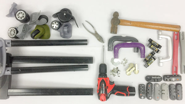 Luggage Wheels, Trolley handles, Locks, Studs, Handles - repairable components