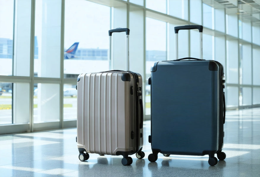 Travel-ready expandable hardcase luggage in silver and navy, designed for secure and flexible packing at the airport
