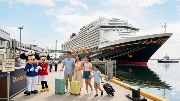 Family ready to board the Disney Adventure Cruise for March Holidays